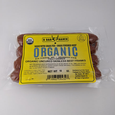 Item in its packaging, label reads Organic Uncured Skinless Beef Franks